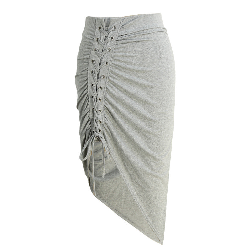 Sexy Women High Waist Bodycon Lace-Up Skirt Side Split Asymmetric Hem Laidies Wrap Skirt Elastic Waist Solid Pink Saia TIML66 TIML66