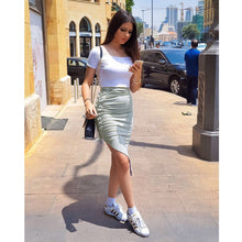 Sexy Women High Waist Bodycon Lace-Up Skirt Side Split Asymmetric Hem Laidies Wrap Skirt Elastic Waist Solid Pink Saia TIML66 TIML66