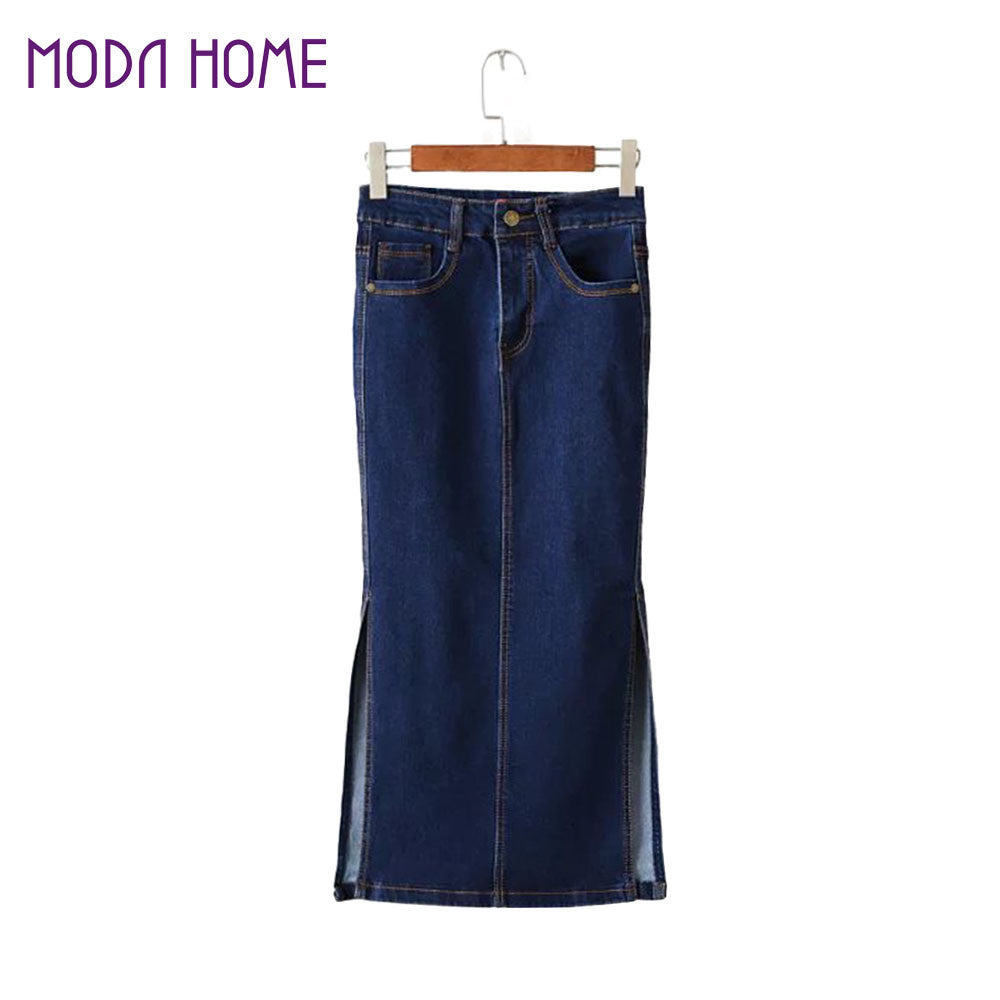 sexy women midi denim skirt split package hip pockets zipper button casual pencil bodycon skirts womens saias blue TIML66
