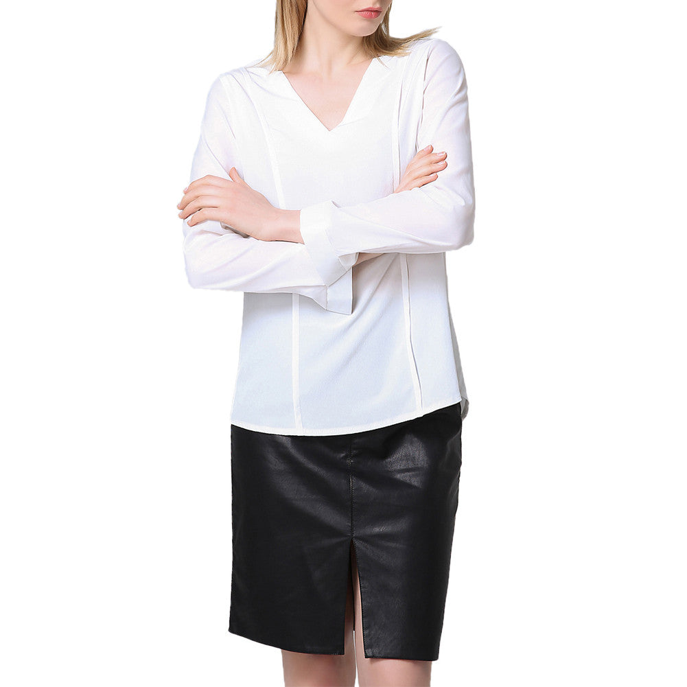 Simple Women Blouses V Neck Long Sleeves Shirt Ruched Back Asymmetric Hem Women Tops Blusas TIML66 TIML66