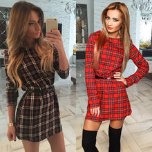 women mini vintage dress plaid check tartan print zipper o neck long sleeve style office dress vestidos TIML66