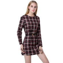 women mini vintage dress plaid check tartan print zipper o neck long sleeve style office dress vestidos TIML66