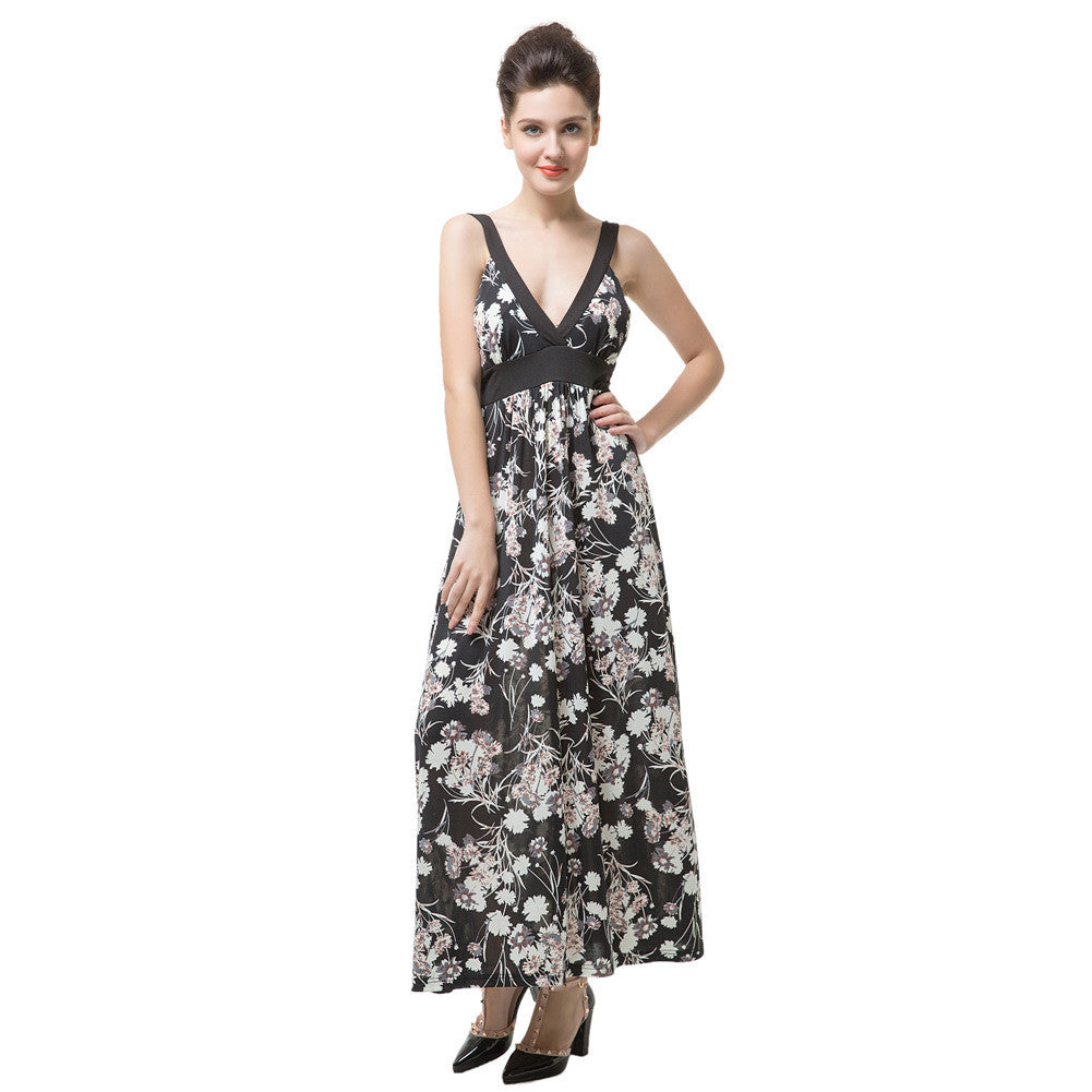 sumemr women boho dress floral print tie waist deep v neck beach dress sleeveless party dresses black TIML66