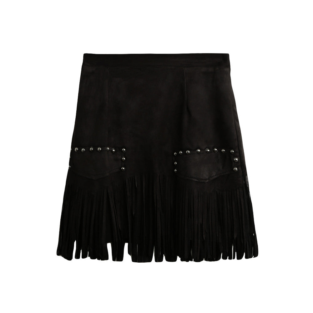 vintage skirts womens sexy rivet suede leather skirt tassel zipper elegant a line mini skirt faldas mujer TIML66