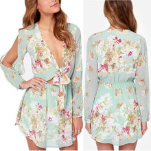Floral Print Chiffon Mini Dress Sexy Off shoulder Boho Beach Dresses Long Sleeve Party Short Dress Cold Shoulder TIML66