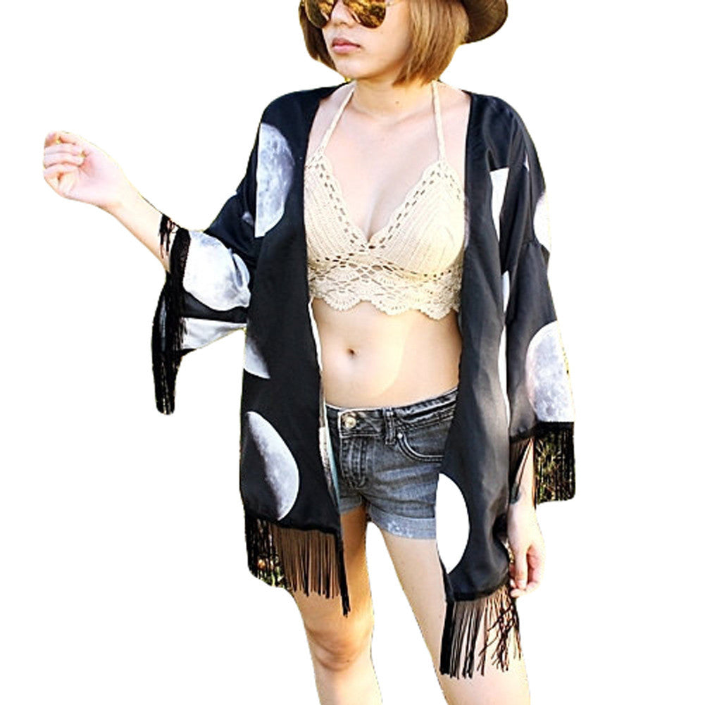 moon print vintage kimono cardigan 3 4 bat sleeves casual chiffon women blouse plus size tops black TIML66