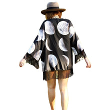 moon print vintage kimono cardigan 3 4 bat sleeves casual chiffon women blouse plus size tops black TIML66