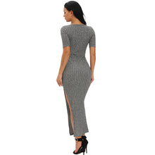 Sexy Women Ribbed Long Dress Scoop Neck High Thigh Split Short Sleeve Bodycon Maxi Dress Club Wear Grey Vestiti TIML66 TIML66