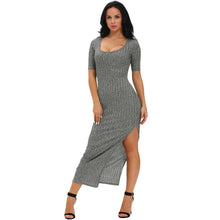 sexy women ribbed long dress scoop neck high thigh split short sleeve bodycon maxi dress club wear grey vestiti TIML66