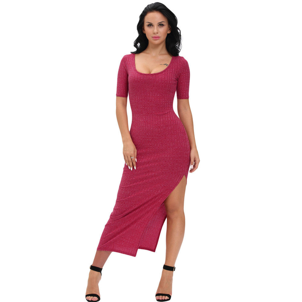sexy women ribbed long dress scoop neck high thigh split short sleeve bodycon maxi dress club wear grey vestiti TIML66