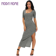 sexy women ribbed long dress scoop neck high thigh split short sleeve bodycon maxi dress club wear grey vestiti TIML66
