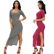 sexy women ribbed long dress scoop neck high thigh split short sleeve bodycon maxi dress club wear grey vestiti TIML66