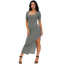 Sexy Women Ribbed Long Dress Scoop Neck High Thigh Split Short Sleeve Bodycon Maxi Dress Club Wear Grey Vestiti TIML66 TIML66