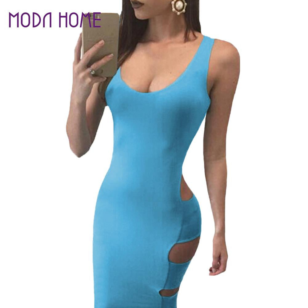 women bandage dress scoop neck low cut at back sexy party dresses sleeveless side cutouts clubwear light blue TIML66