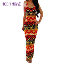 Sexy Women Boho Dress Vintage Print Backless Halter Bodycon Dress Sleeveless Maxi Long Dress Party Clubwear Orange TIML66 TIML66