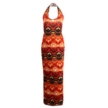 Sexy Women Boho Dress Vintage Print Backless Halter Bodycon Dress Sleeveless Maxi Long Dress Party Clubwear Orange TIML66 TIML66