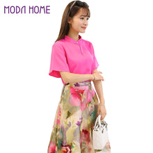 skirts women t-shirts two piece set stand collar hollow out chiffon tops mesh floral print zipper skirt rose TIML66