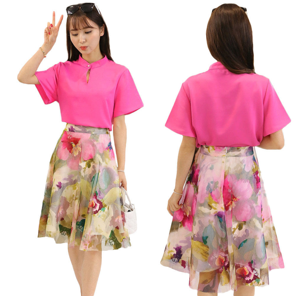 skirts women t-shirts two piece set stand collar hollow out chiffon tops mesh floral print zipper skirt rose TIML66