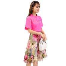 Skirts Women T-shirt Two-piece Stand Collar Hollow Out Chiffon Tops Mesh Floral Print Zipper Skirt Rose TIML66 TIML66