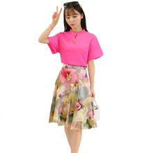 Skirts Women T-shirt Two-piece Stand Collar Hollow Out Chiffon Tops Mesh Floral Print Zipper Skirt Rose TIML66 TIML66