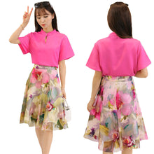 skirts women t-shirts two piece set stand collar hollow out chiffon tops mesh floral print zipper skirt rose TIML66
