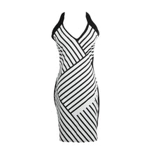 Style Women Dress Black And White Striped Mesh Patchwork Sexy Dress V-Neck Mini Evening Party Dresses Vestidos TIML66 TIML66