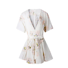 Women Jumpsuit Floral Print Playsuit Cross Plunge V-Neck High Waist Bodusuit Women Sexy Short Rompers White TIML66 TIML66