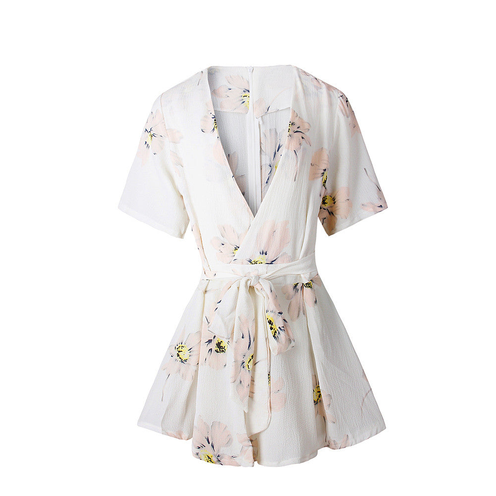 Women Jumpsuit Floral Print Playsuit Cross Plunge V-Neck High Waist Bodusuit Women Sexy Short Rompers White TIML66 TIML66
