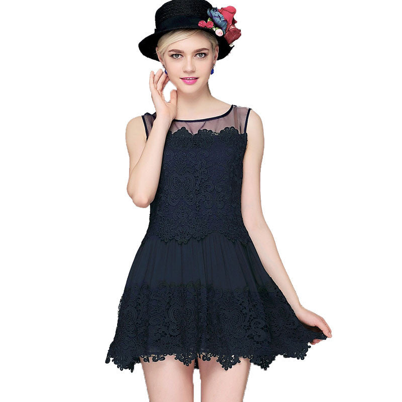 women lace dress crochet patchwork mesh o neck evening party dresses sleeveless slim mini office dress vestidos TIML66