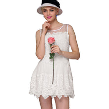 women lace dress crochet patchwork mesh o neck evening party dresses sleeveless slim mini office dress vestidos TIML66