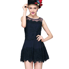 women lace dress crochet patchwork mesh o neck evening party dresses sleeveless slim mini office dress vestidos TIML66