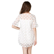 women mini elegant dress dragonfly feather embroidery o neck evening party dress flare sleeves sheer vestidos white TIML66