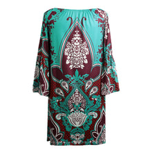 Vintage Women Boho Dress Off Shoulder Floral Print Flare Sleeve Loose Mini Dress Casual Beach Dress Vestisos Green TIML66 TIML66