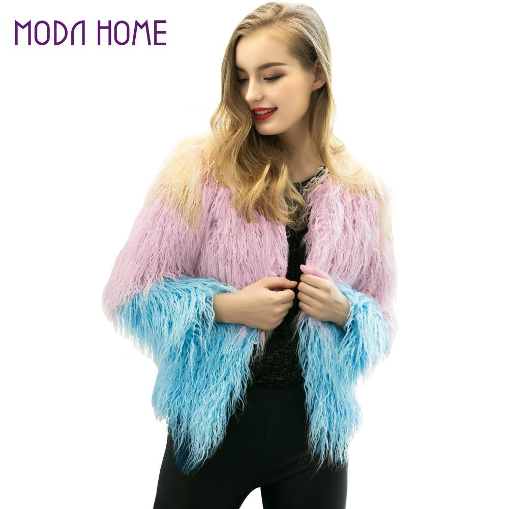 Coat Women Pink Faux Fur Coat Contrast Splicing Manteau Fourrure Candy Color Fluffy Round Neck Jacket Overcoat TIML66 TIML66