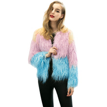 Coat Women Pink Faux Fur Coat Contrast Splicing Manteau Fourrure Candy Color Fluffy Round Neck Jacket Overcoat TIML66 TIML66