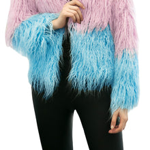 Coat Women Pink Faux Fur Coat Contrast Splicing Manteau Fourrure Candy Color Fluffy Round Neck Jacket Overcoat TIML66 TIML66
