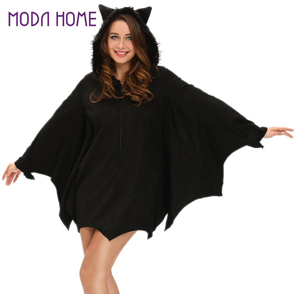 Women Halloween Bat Costume Dress Hooded Zipper Long Sleeve CosPlay Sexy Adult Uniform Mini Dress Black Deguisement Adultes TIML66 TIML66