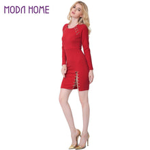 Women Plus Size Bodycon Dress Split Chain Eyelet Zip Back O Neck Long Raglan Sleeves Mini Pencil Dress Red Vestido De Festa TIML66 TIML66