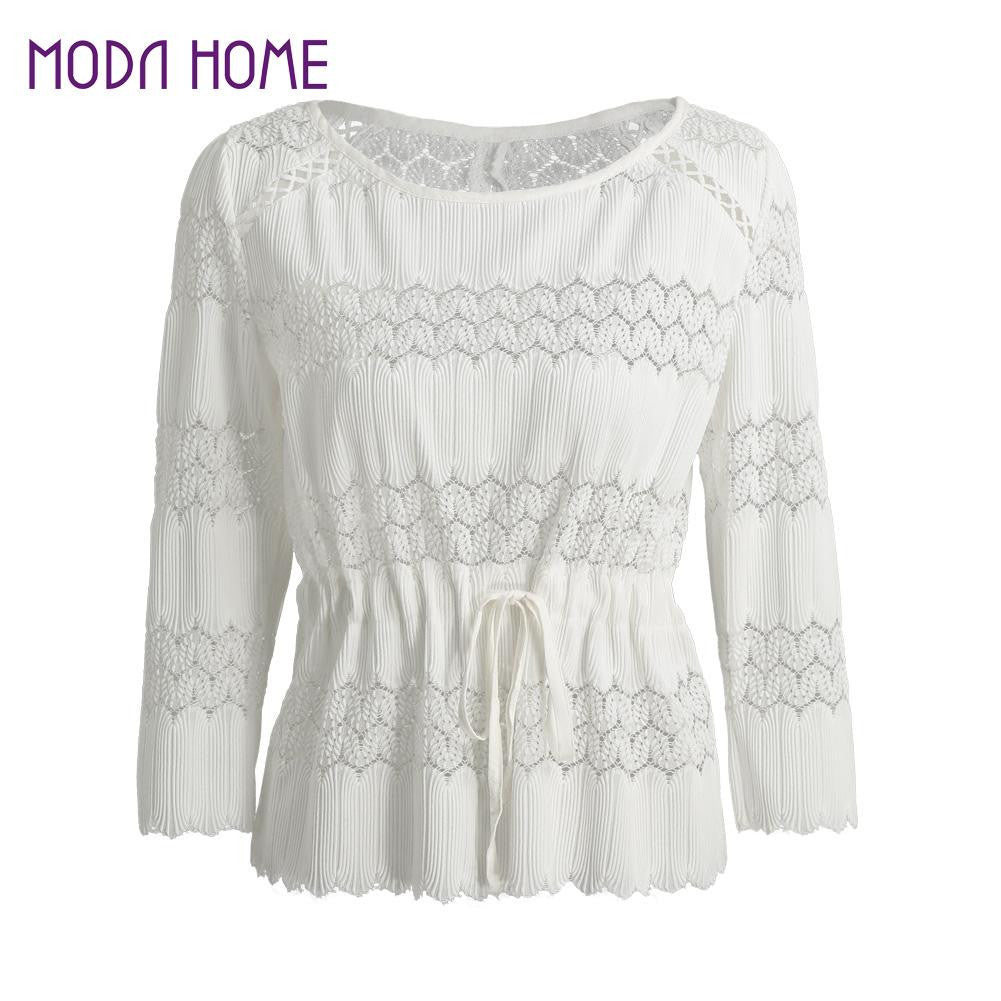 women sexy backless hollow out blouse ladies white long sleeve tops scalloped hem cuff blusas femininas TIML66