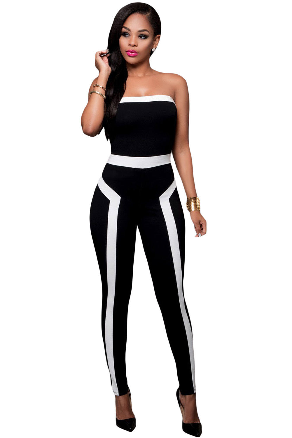 women sexy strapless bandage bodycon jumpsuit black white romper evening clubwear bodysuit combinaison femme TIML66