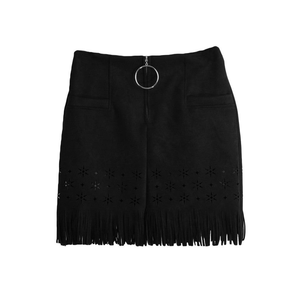 Womens Retro Korean Sexy Suede PU Leather Skirt Tassel Hollow Out Gonna Steampunk Skirt Zipper Elegant Mini Skirt TIML66 TIML66