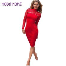 Womens Solid Floral Lace Dress Turtleneck Long Sleeve Woman Bodycon Midi Dress Ladies Sexy Club Party Dress Vestidos TIML66 TIML66