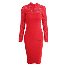 Womens Solid Floral Lace Dress Turtleneck Long Sleeve Woman Bodycon Midi Dress Ladies Sexy Club Party Dress Vestidos TIML66 TIML66