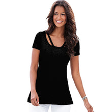 tshirt women Rhinestone O-Neck Short Sleeve T-shirt Beading Design Casual Women Tops Tee Shirt Black camisetas mujer TIML66 TIML66