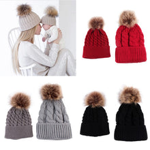 2pcss Baby & Mother Knitted Cotton Hat Family Boy Girl Toddler Adult Cute Crochet Beanies Fur Ball Kids Hats for Caps TIML66