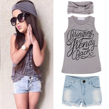 3 pieces Toddler Kids Baby Girl Outfits Sets Headband + Top T-shirt + Jeans Pants Clothes Set 2-6 Years TIML66