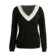 Women All-match T-Shirt Contrast Deep V-Neck Striped Shirt Long Sleeve Casual Tee Top BlackBeige Ladies Clothing TIML66 TIML66