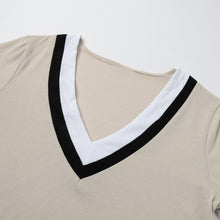 Women All-match T-Shirt Contrast Deep V-Neck Striped Shirt Long Sleeve Casual Tee Top BlackBeige Ladies Clothing TIML66 TIML66