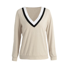 Women All-match T-Shirt Contrast Deep V-Neck Striped Shirt Long Sleeve Casual Tee Top BlackBeige Ladies Clothing TIML66 TIML66