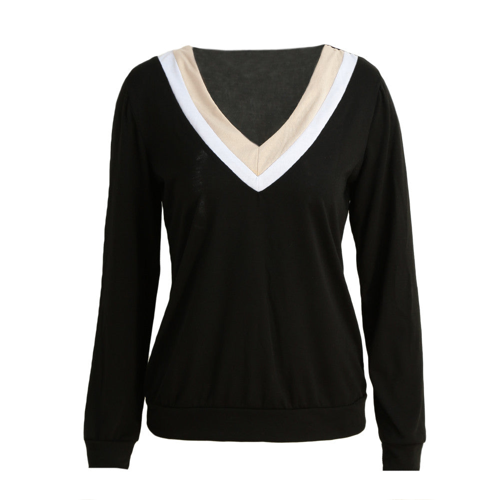 Women All-match T-Shirt Contrast Deep V-Neck Striped Shirt Long Sleeve Casual Tee Top BlackBeige Ladies Clothing TIML66 TIML66